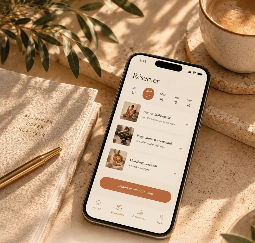 Un téléphone affiche une application de réservation avec un calendrier et trois séances à choisir