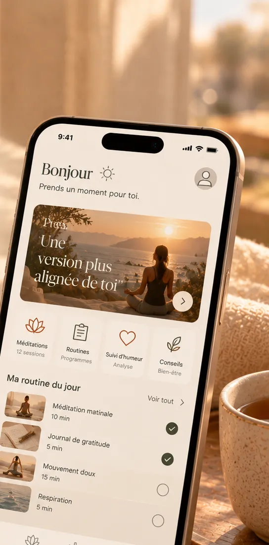 Application d'une coach bien-être : routine du jour, méditations et suivi d'humeur