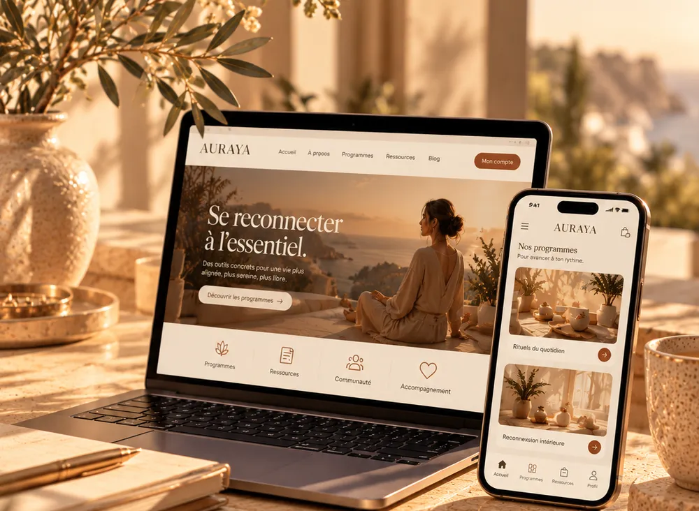 Un site et son application mobile, ouverts sur un ordinateur portable et un téléphone, posés sur un bureau baigné de soleil